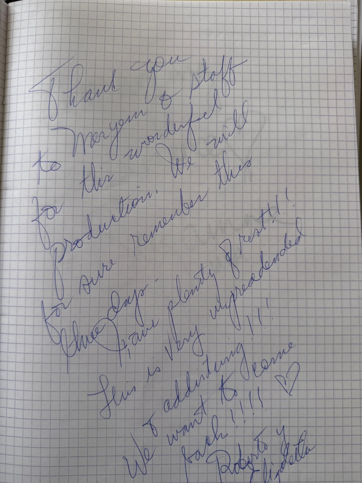 Message manuscrit de remerciement d'un participant